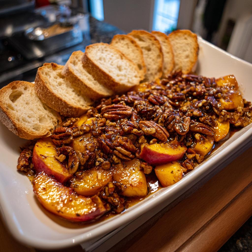 Close-up of baked brie with peaches and toasted pecans, served with sliced baguette. A delicious peach recipe.