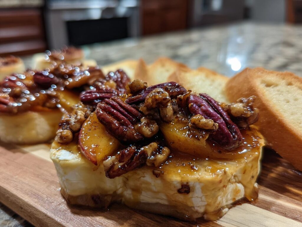 Close-up of baked brie topped with peaches, toasted pecans, and a glaze, served with toasted baguette slices.