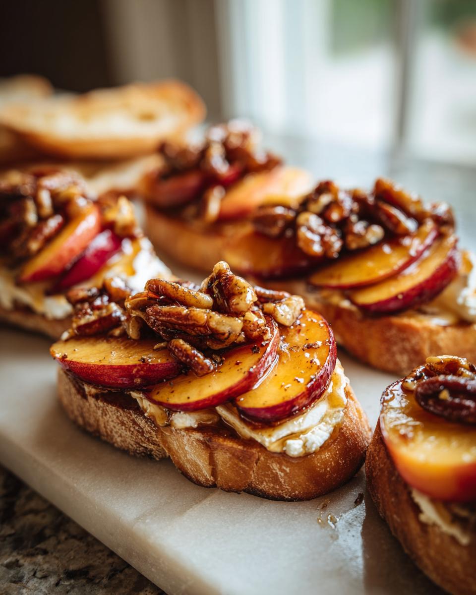 Close-up of bruschetta topped with creamy brie, sliced peaches, and toasted pecans, showcasing peach recipes with baked brie and toasted pecans.