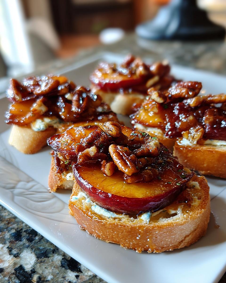 Close-up of bruschetta topped with baked brie, peach slices, and toasted pecans, a perfect appetizer for peach recipes.