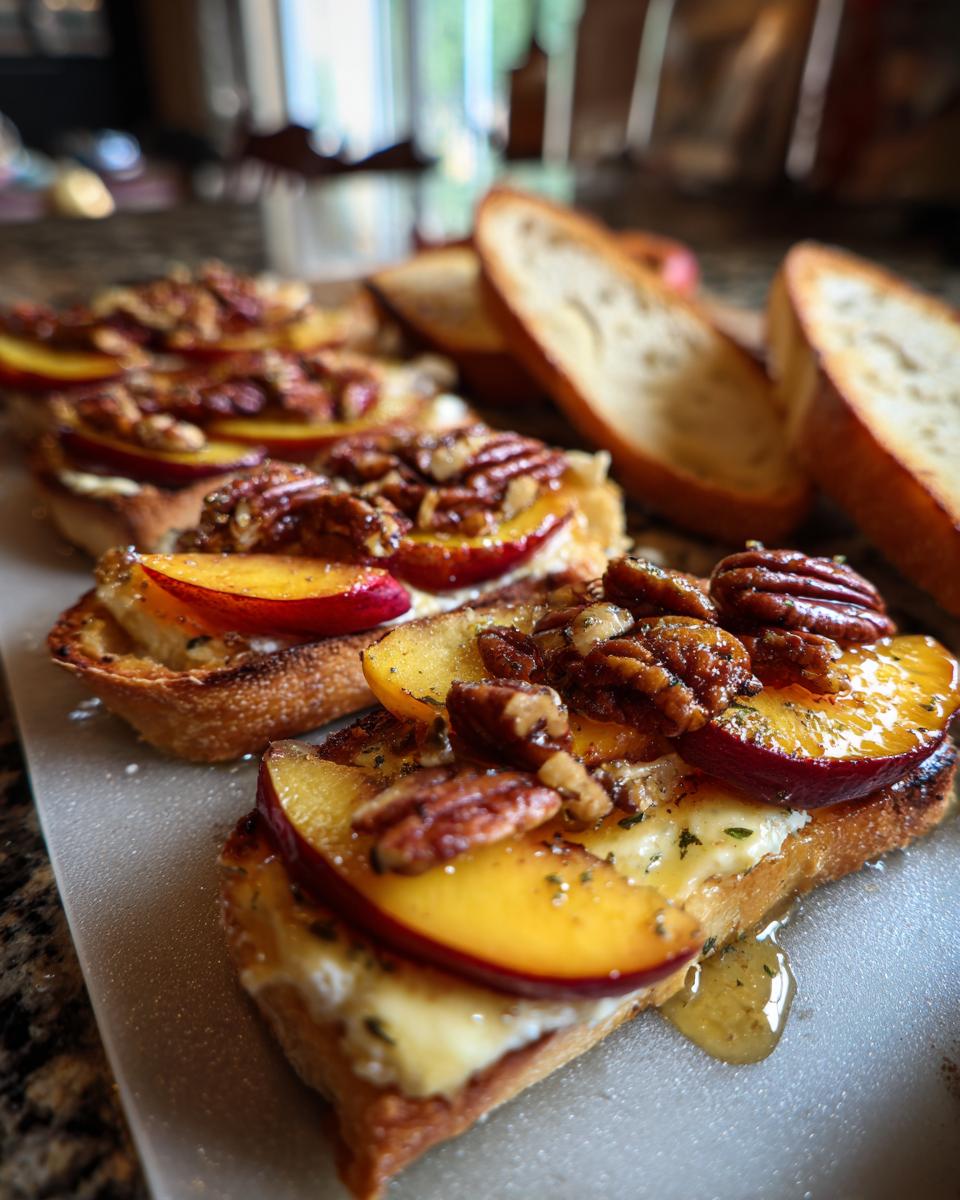 Close-up of crostini topped with baked brie, sliced peaches, and toasted pecans, drizzled with honey.