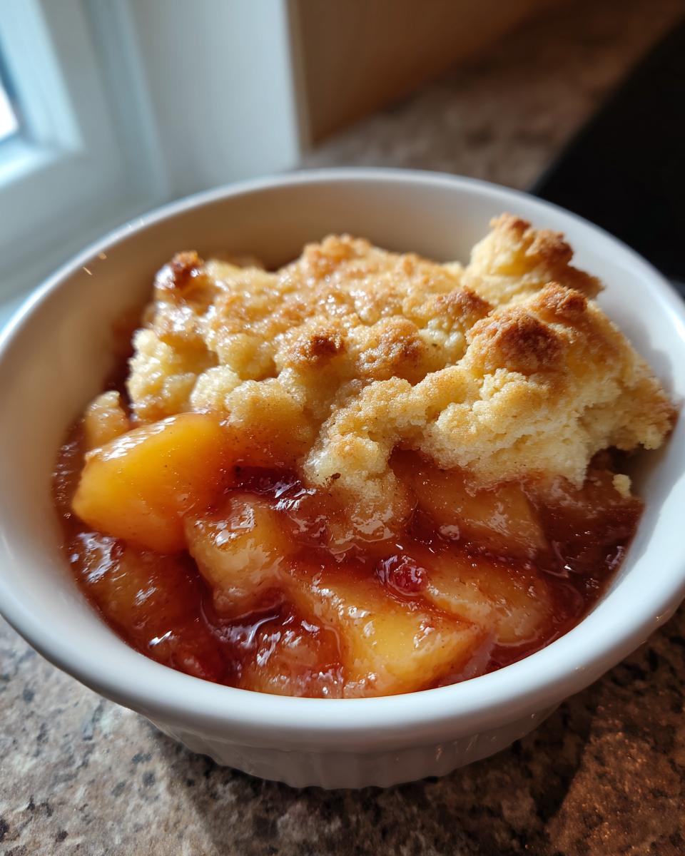 A close-up of a single serving of peach cobbler with a golden brown topping and syrupy peaches, perfect for summer dessert.