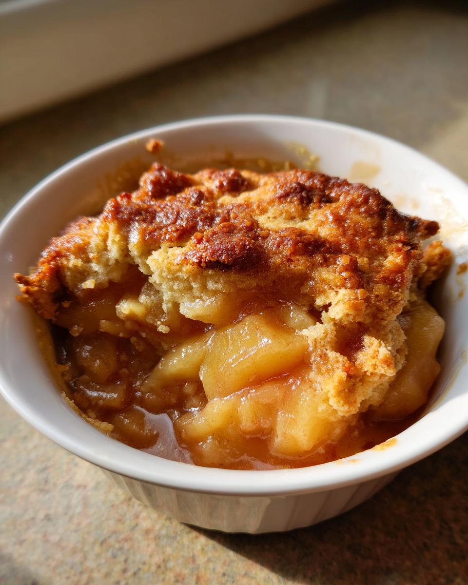 Close-up of a single serving of peach cobbler with brown sugar topping, showcasing the juicy fruit and crumbly crust.