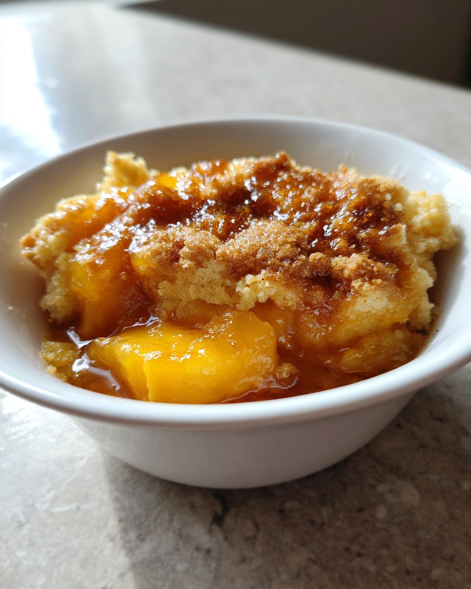 A close-up of a serving of warm peach cobbler with brown sugar topping in a white bowl.