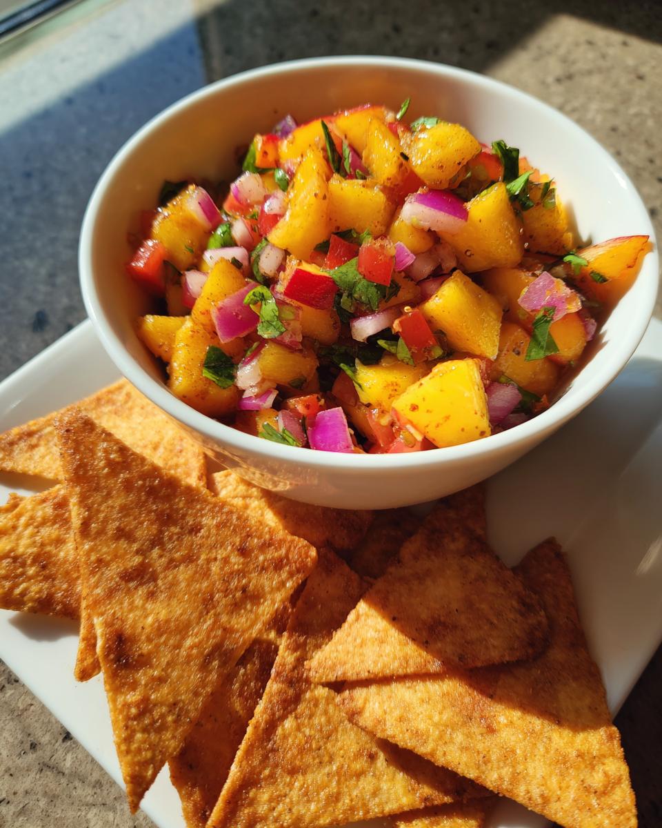 A bowl of fresh peach salsa with red onion, cilantro, and red pepper, served with cinnamon chips.