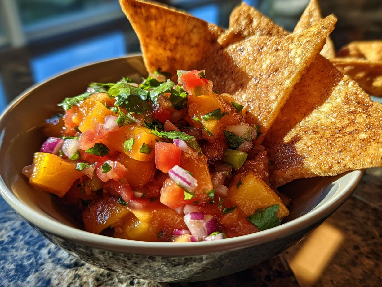 Close-up of fresh peach salsa with chopped tomatoes, red onion, cilantro, and cinnamon chips in a bowl.
