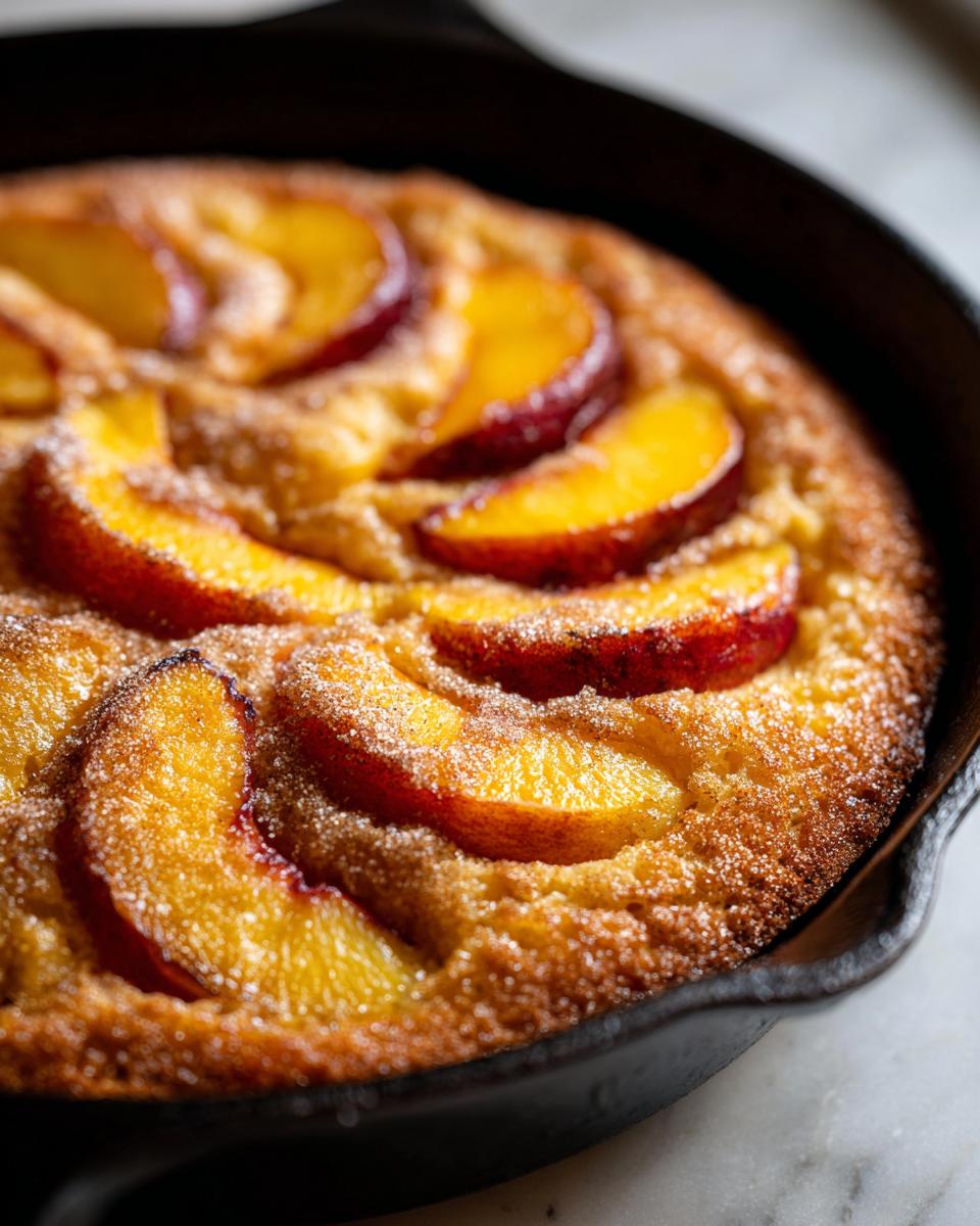 Close-up of a golden-brown peach skillet cake topped with sliced summer fruit and a dusting of sugar.