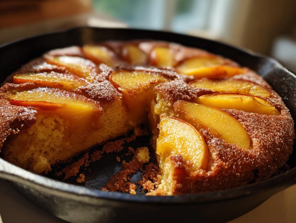 A close-up of a peach skillet cake with soft summer fruit, dusted with powdered sugar, in a cast-iron pan.