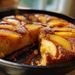 A close-up of a peach skillet cake with soft summer fruit, dusted with powdered sugar, in a cast-iron pan.