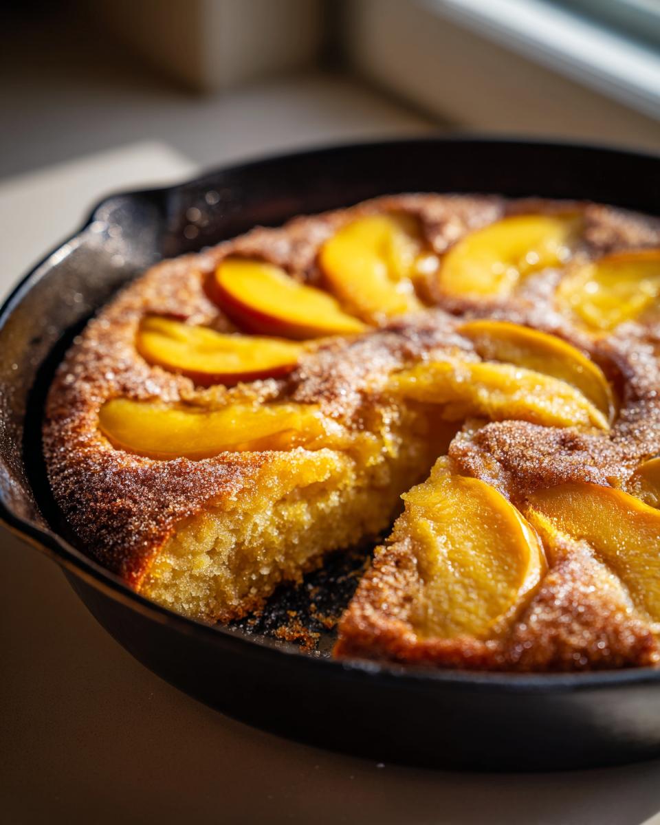 A slice is missing from a golden-brown peach skillet cake topped with soft summer fruit and a sugar crust.
