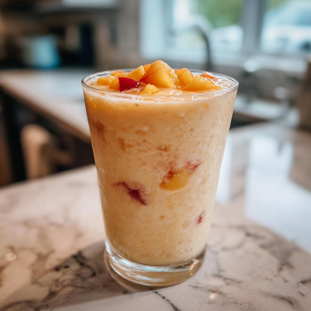 A tall glass of creamy peach yogurt smoothie, topped with diced peaches. Perfect for peach recipes.