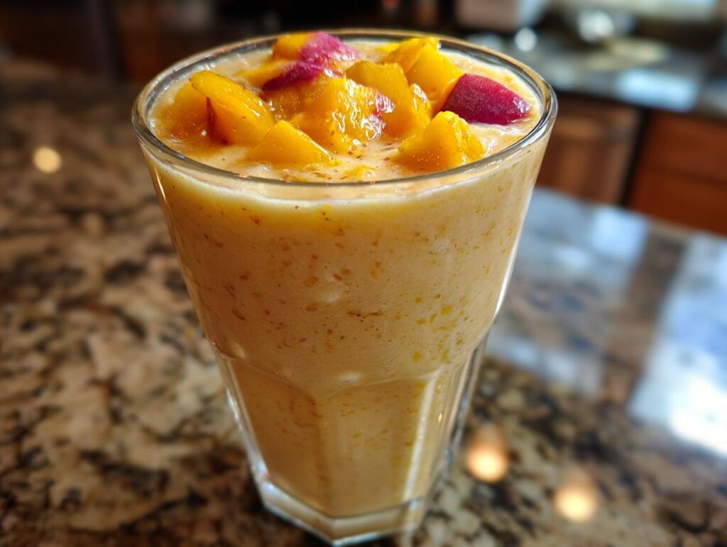 A close-up of a creamy peach yogurt smoothie topped with fresh peach chunks, perfect for peach recipes.