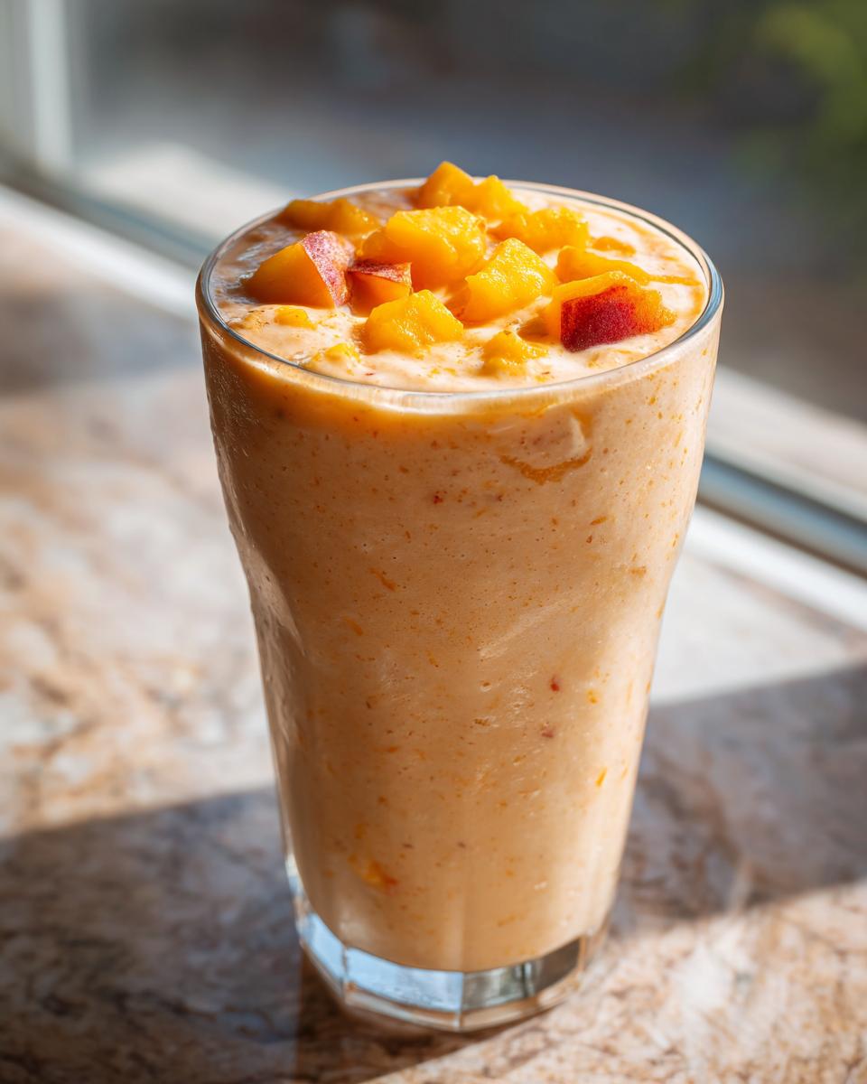 A tall glass filled with a creamy peach yogurt smoothie, topped with diced fresh peaches.