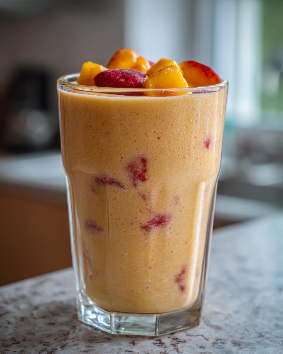 A tall glass of creamy peach yogurt smoothie topped with fresh peach and berry pieces.