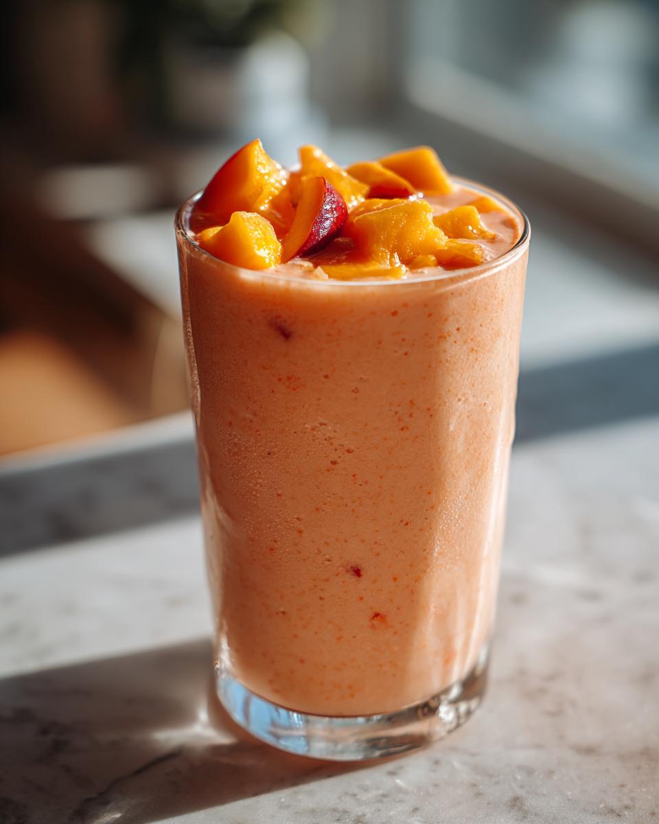A refreshing peach yogurt smoothie topped with fresh peach slices, perfect for peach recipes.