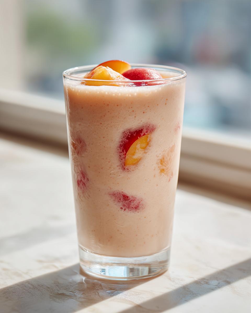 A refreshing peach yogurt smoothie in a glass, garnished with fresh peach slices.