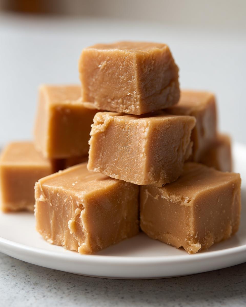 A stack of creamy peanut butter fudge cubes on a white plate, perfect for satisfying sweet cravings.