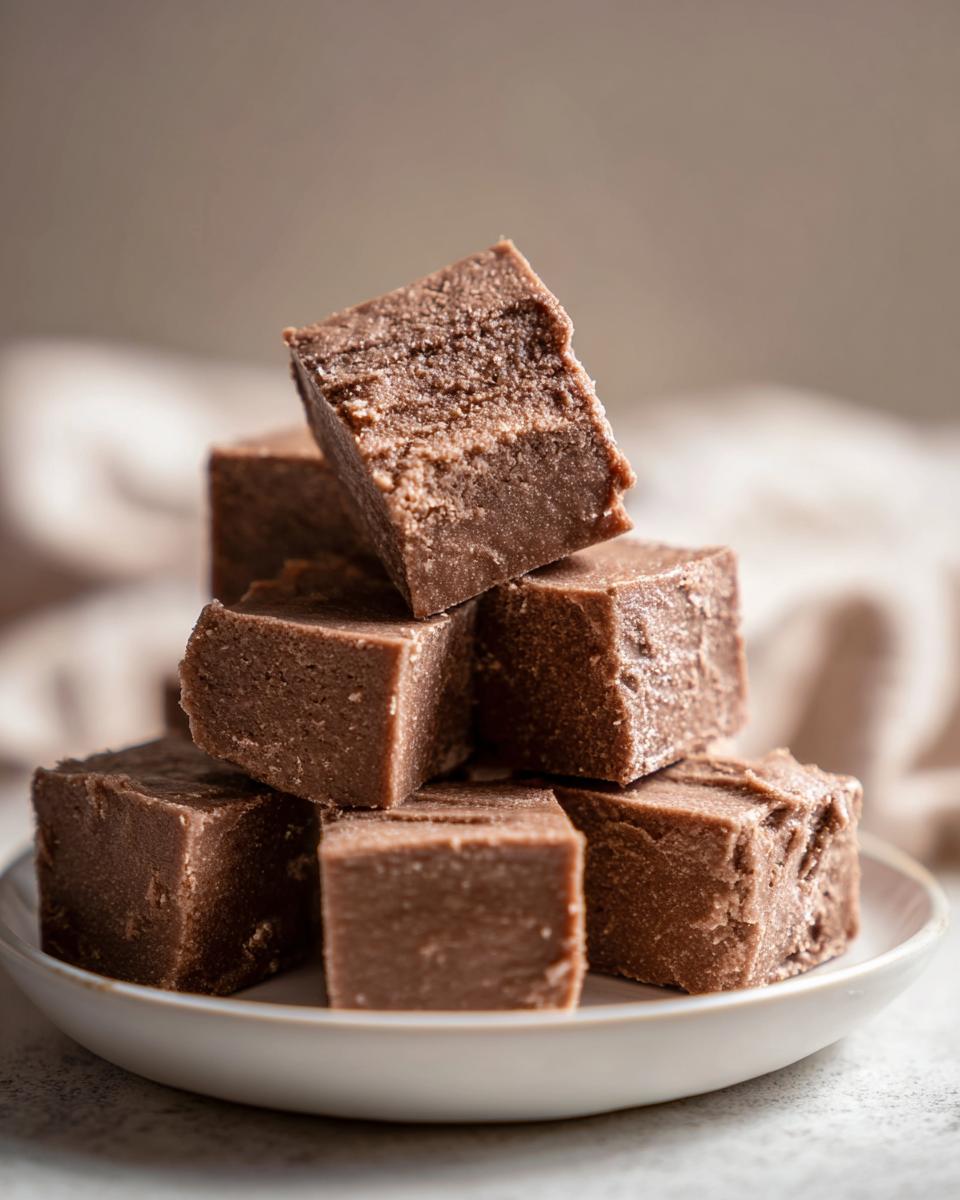 A stack of rich, chocolate peanut butter fudge cubes on a white plate, perfect for dessert recipes.