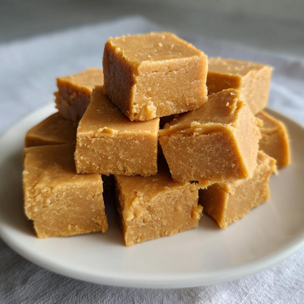 A pile of delicious peanut butter fudge cubes on a white plate, perfect for sweet cravings.