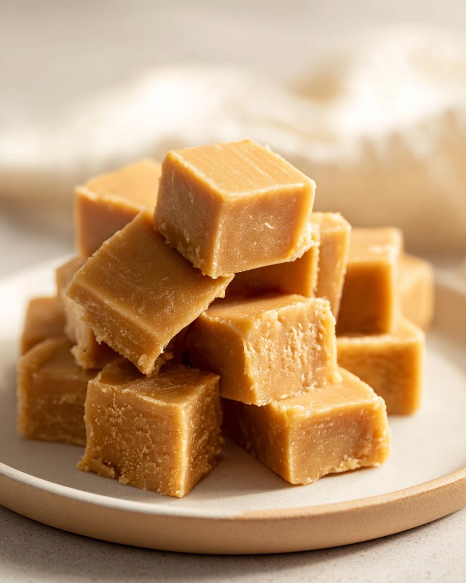 A close-up stack of creamy peanut butter fudge squares, perfect for dessert recipes.