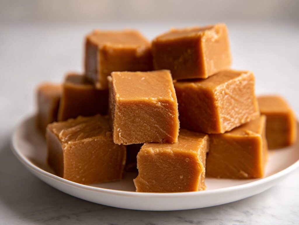 A pile of cubed peanut butter fudge on a white plate, perfect for satisfying sweet cravings.