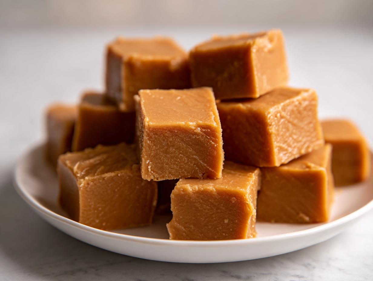 A pile of cubed peanut butter fudge on a white plate, perfect for satisfying sweet cravings.