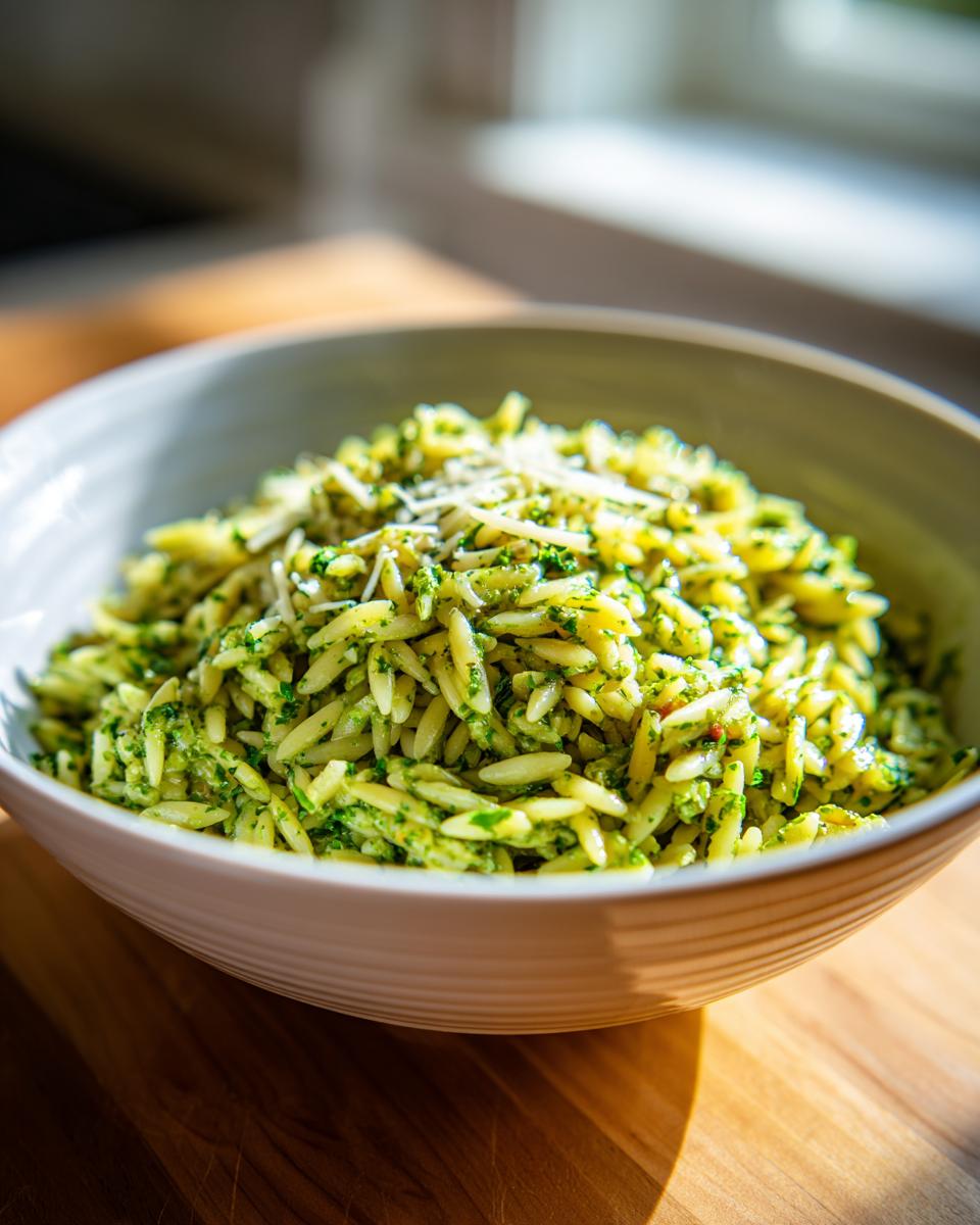 A close-up of a bowl filled with vibrant Pesto Orzo pasta, topped with grated cheese.