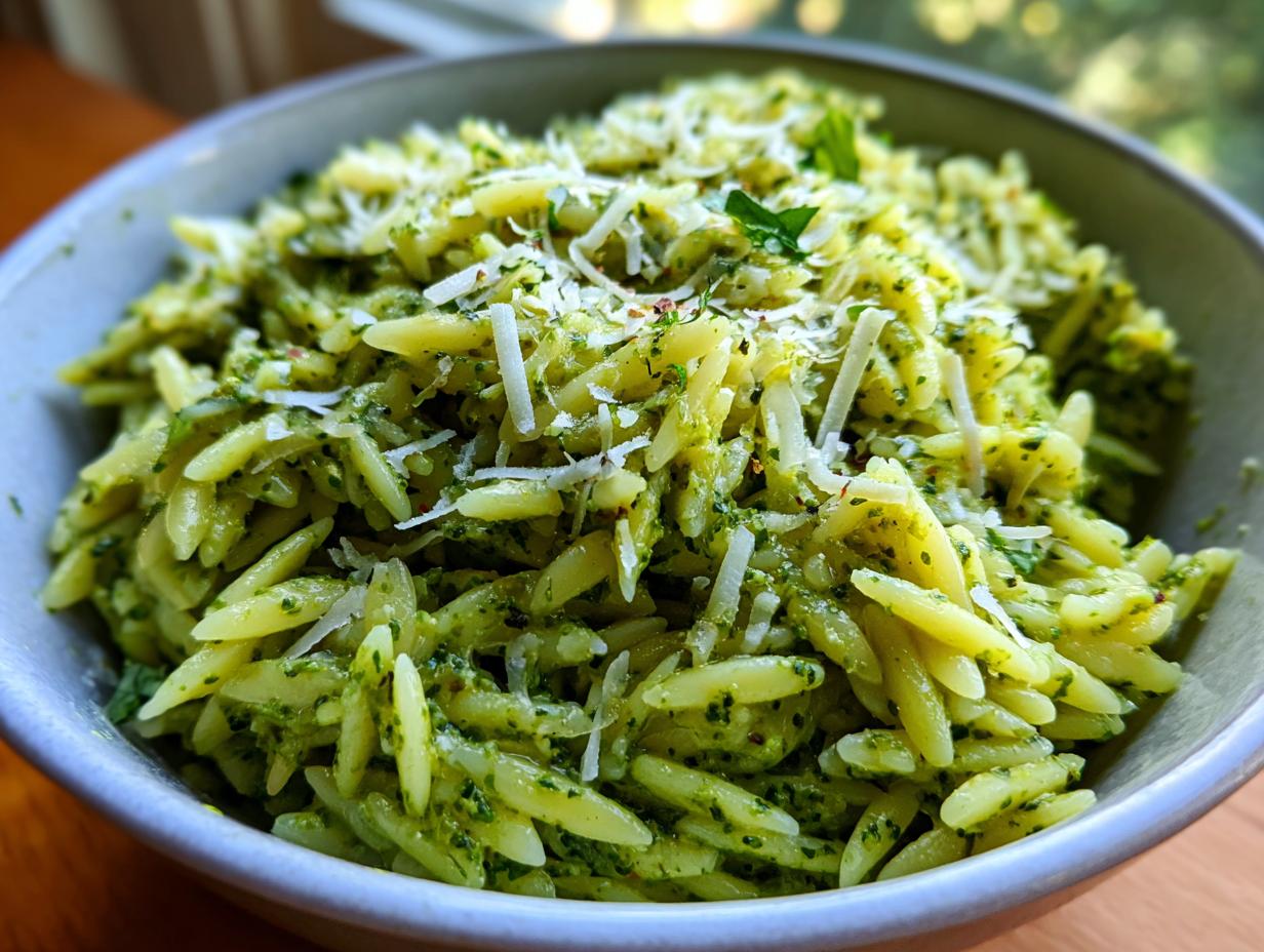 A bowl of bright green pesto orzo pasta, topped with shredded Parmesan cheese and fresh basil.