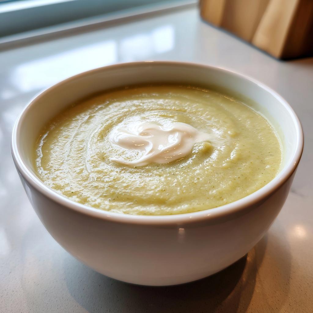 A bowl of creamy potato leek soup topped with a swirl of sour cream.