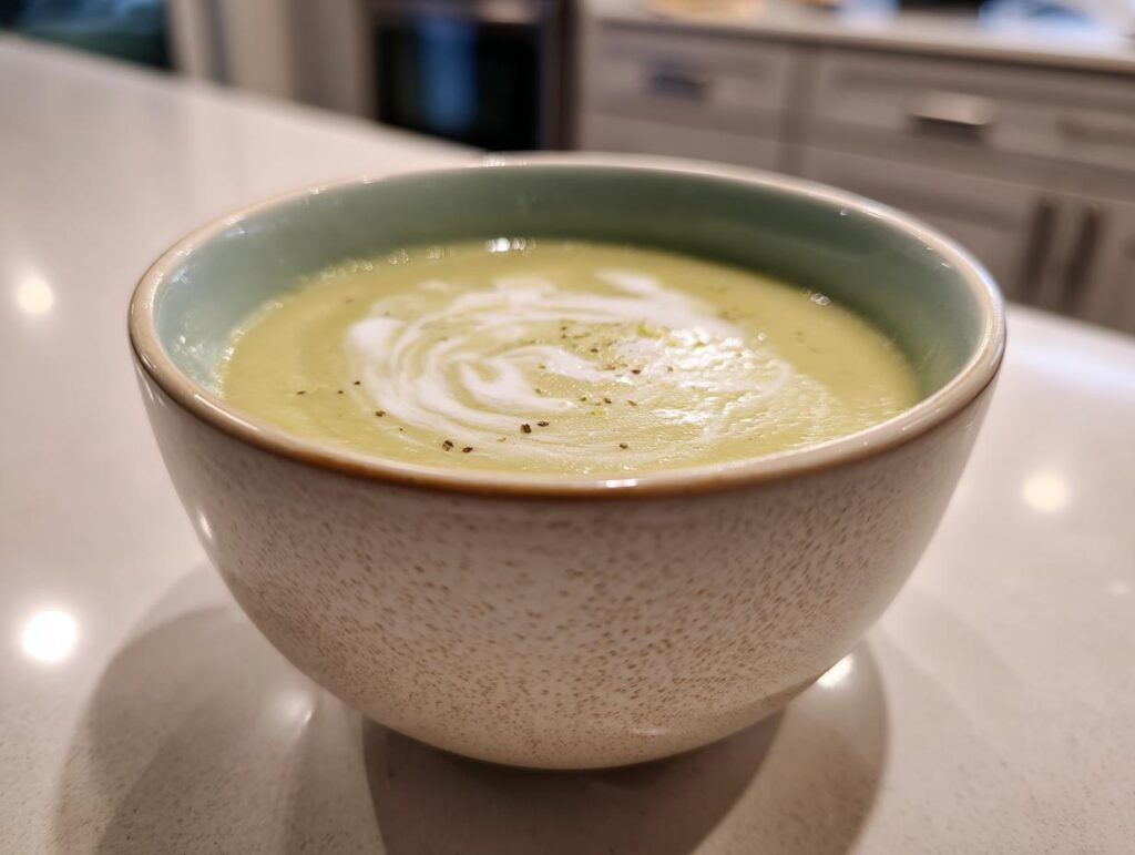 A close-up of a bowl of rich and silky potato leek soup, swirled with cream and garnished with pepper.