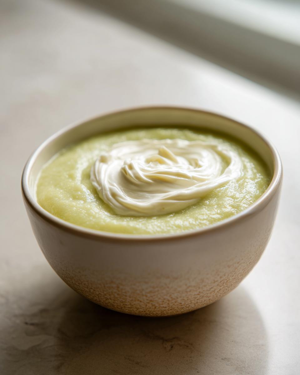 A bowl of smooth potato leek soup topped with a swirl of rich cream.
