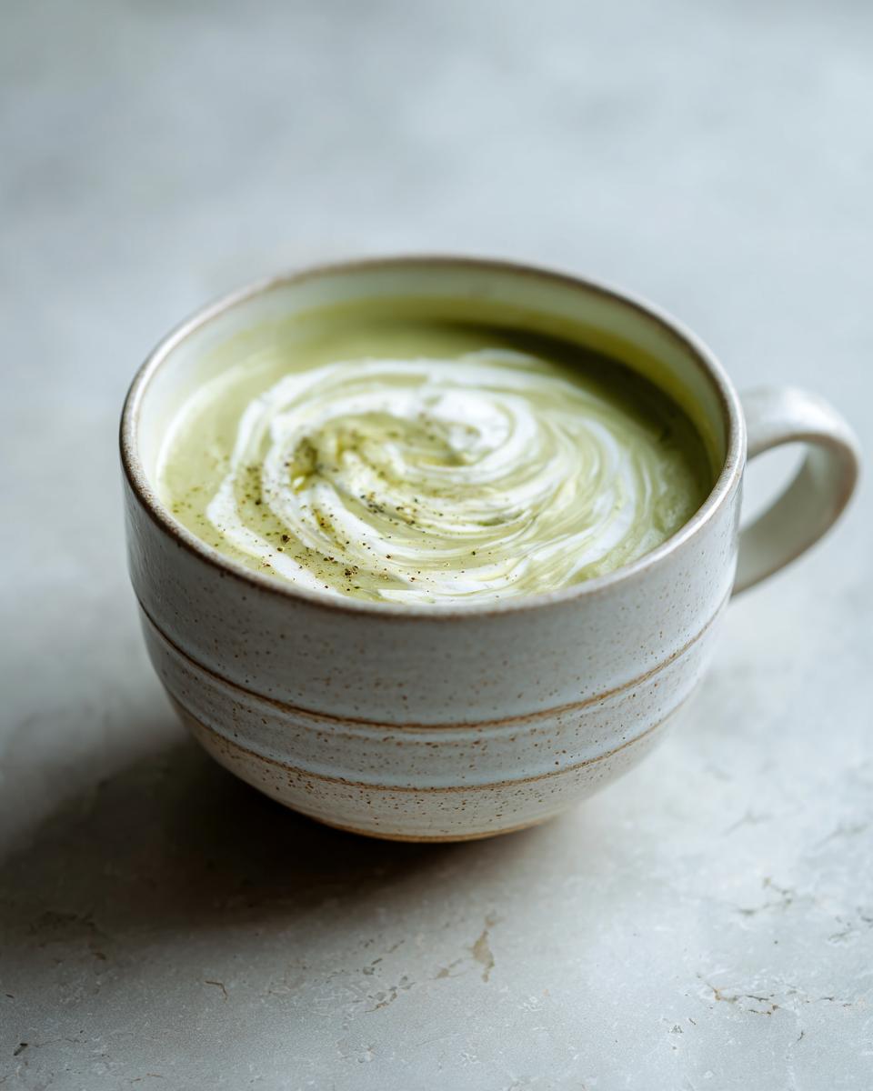 A close-up of a bowl of rich and silky potato leek soup, swirled with cream and seasoned with pepper.