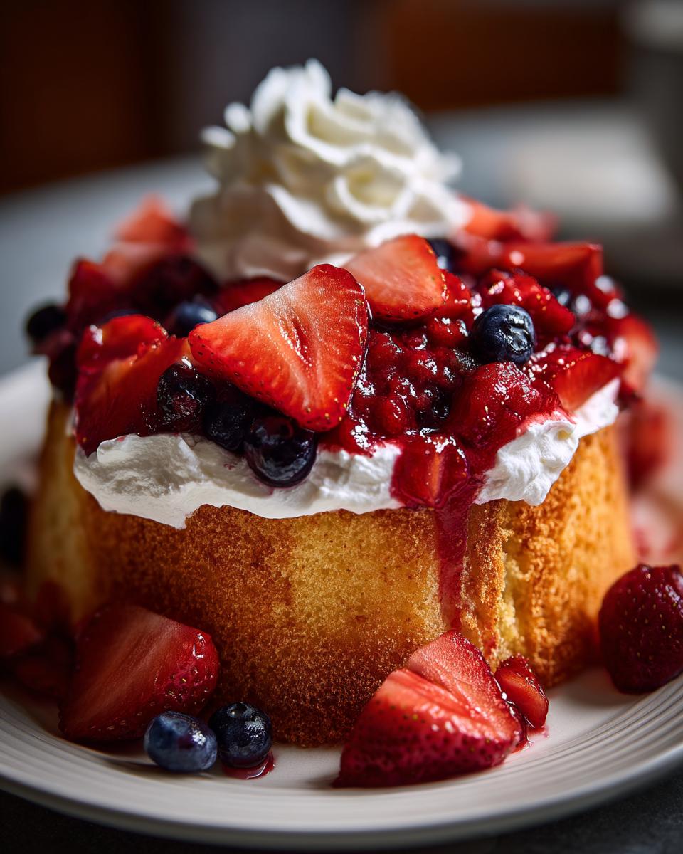 A slice of pound cake transformed into a berry shortcake with fresh strawberries, blueberries, whipped cream, and berry sauce, perfect for Fourth of July desserts.