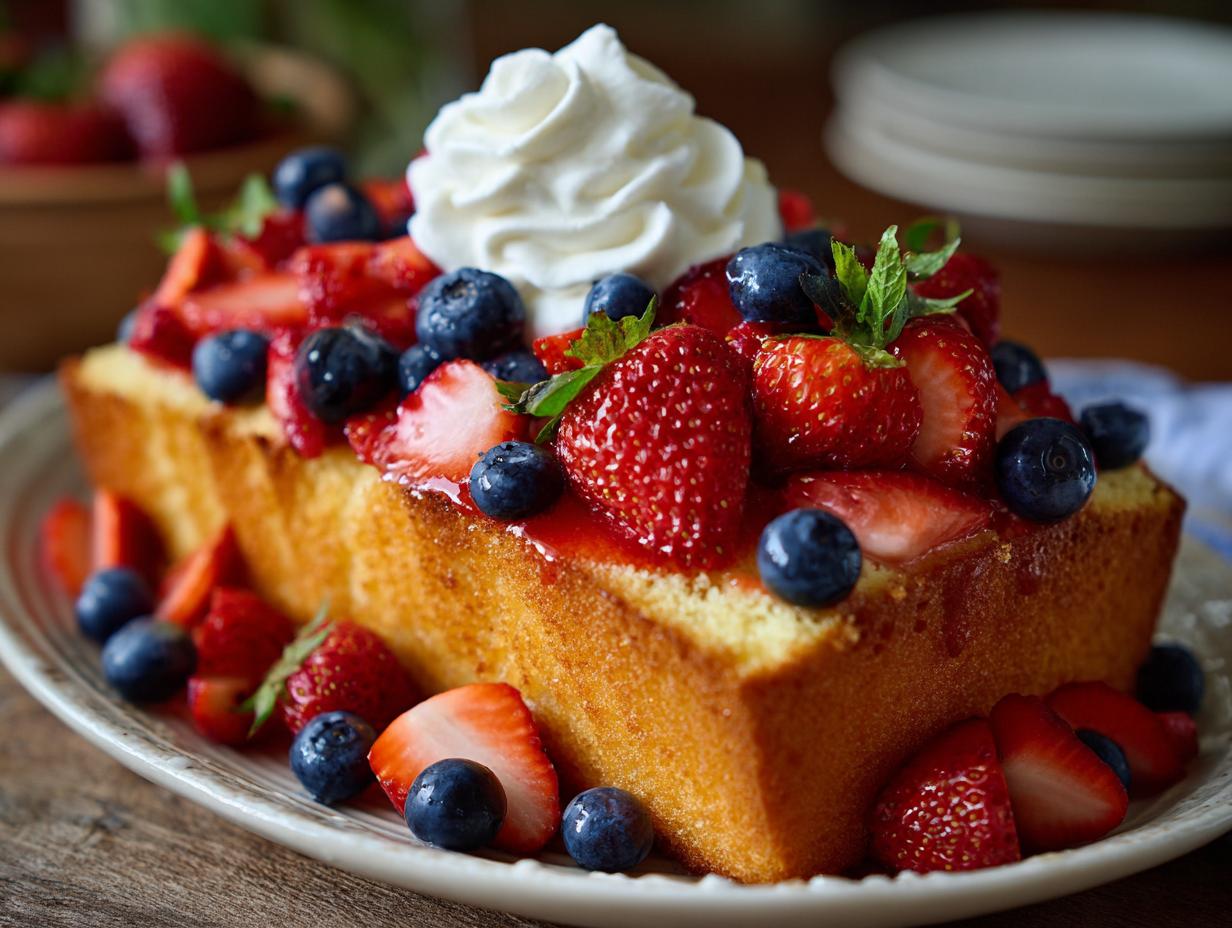 A loaf of pound cake topped with fresh strawberries, blueberries, and whipped cream, perfect for Fourth of July desserts.