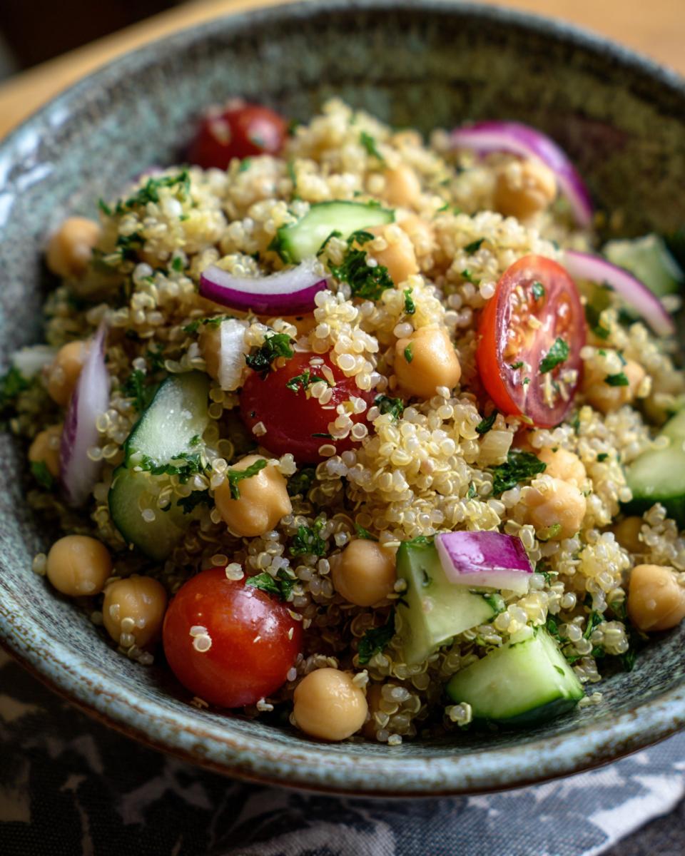 A vibrant bowl of Quinoa Chickpea Salad with cherry tomatoes, cucumber, red onion, and fresh parsley.