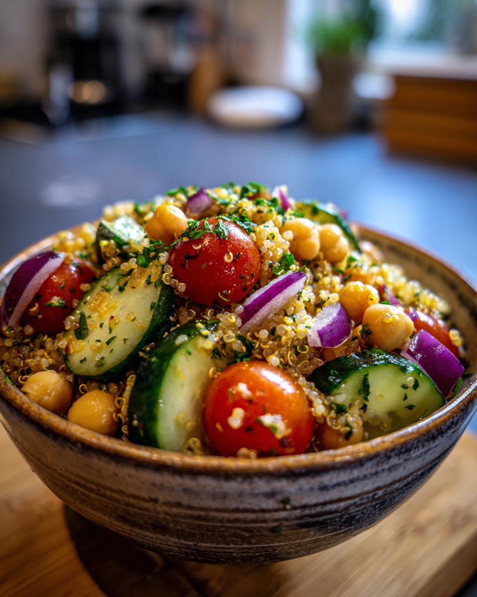 A bowl of Quinoa Chickpea Salad with cherry tomatoes, cucumber slices, red onion, and chickpeas, topped with fresh parsley.