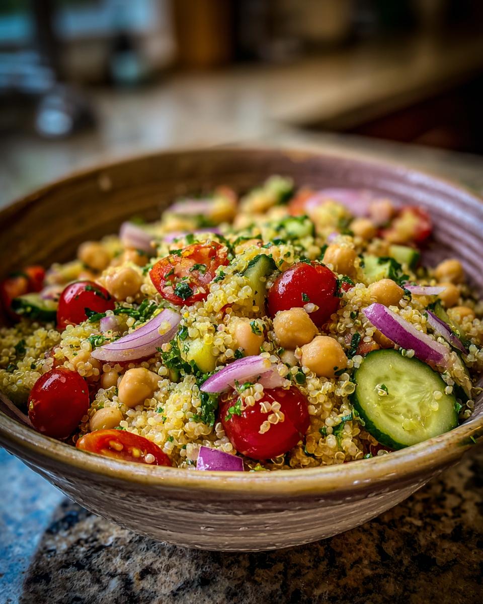A vibrant bowl of Quinoa Chickpea Salad with cherry tomatoes, cucumber, red onion, and fresh herbs, perfect for healthy lunch ideas.