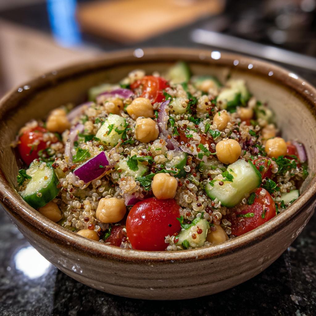 A bowl of Quinoa Chickpea Salad with tomatoes, cucumbers, red onion, and chickpeas, perfect for healthy lunch ideas.