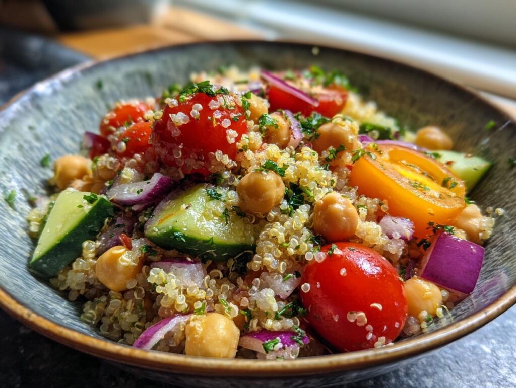 A vibrant bowl of Quinoa Chickpea Salad for Workdays, packed with tomatoes, cucumber, red onion, and chickpeas.