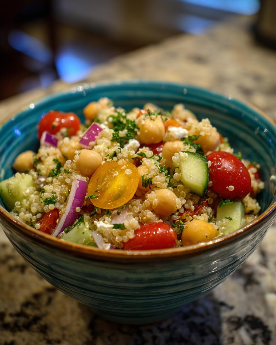 A vibrant bowl of Quinoa Chickpea Salad for Workdays, packed with cherry tomatoes, cucumber, red onion, and feta.