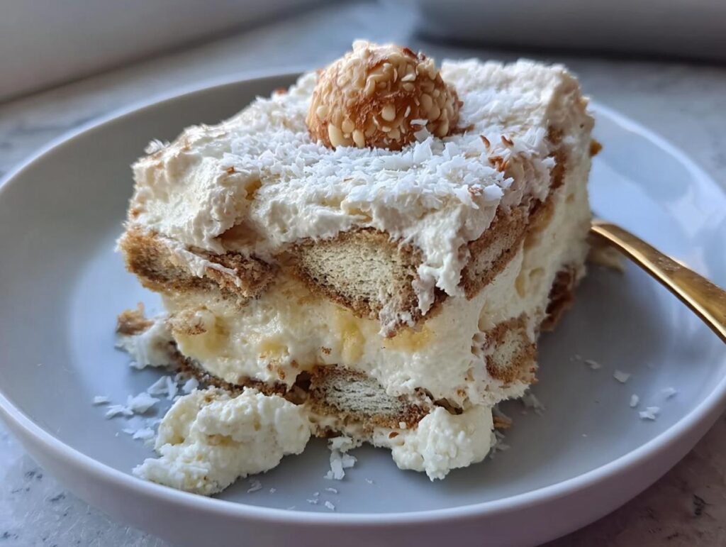 A slice of no-bake Raffaello Tiramisu schnell ohne Backen, layered with ladyfingers, cream, and coconut.