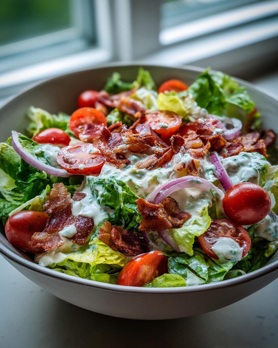 A close-up of a crisp Ranch BLT Salad with fresh lettuce, cherry tomatoes, red onion, and crispy bacon, drizzled with ranch dressing.