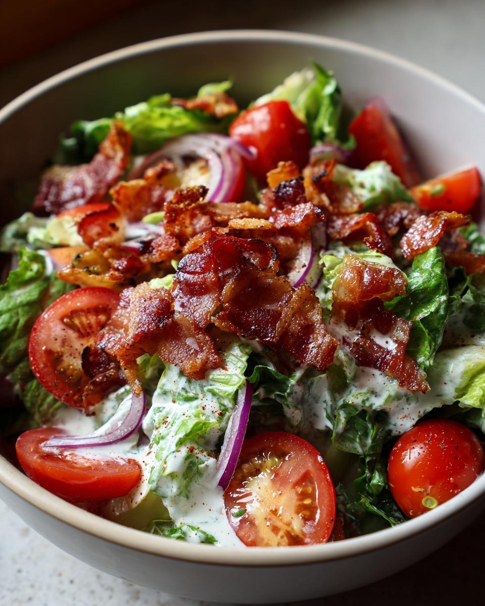 A close-up of a crisp Ranch BLT Salad with fresh lettuce, juicy tomatoes, red onion, and crispy bacon, drizzled with ranch dressing.