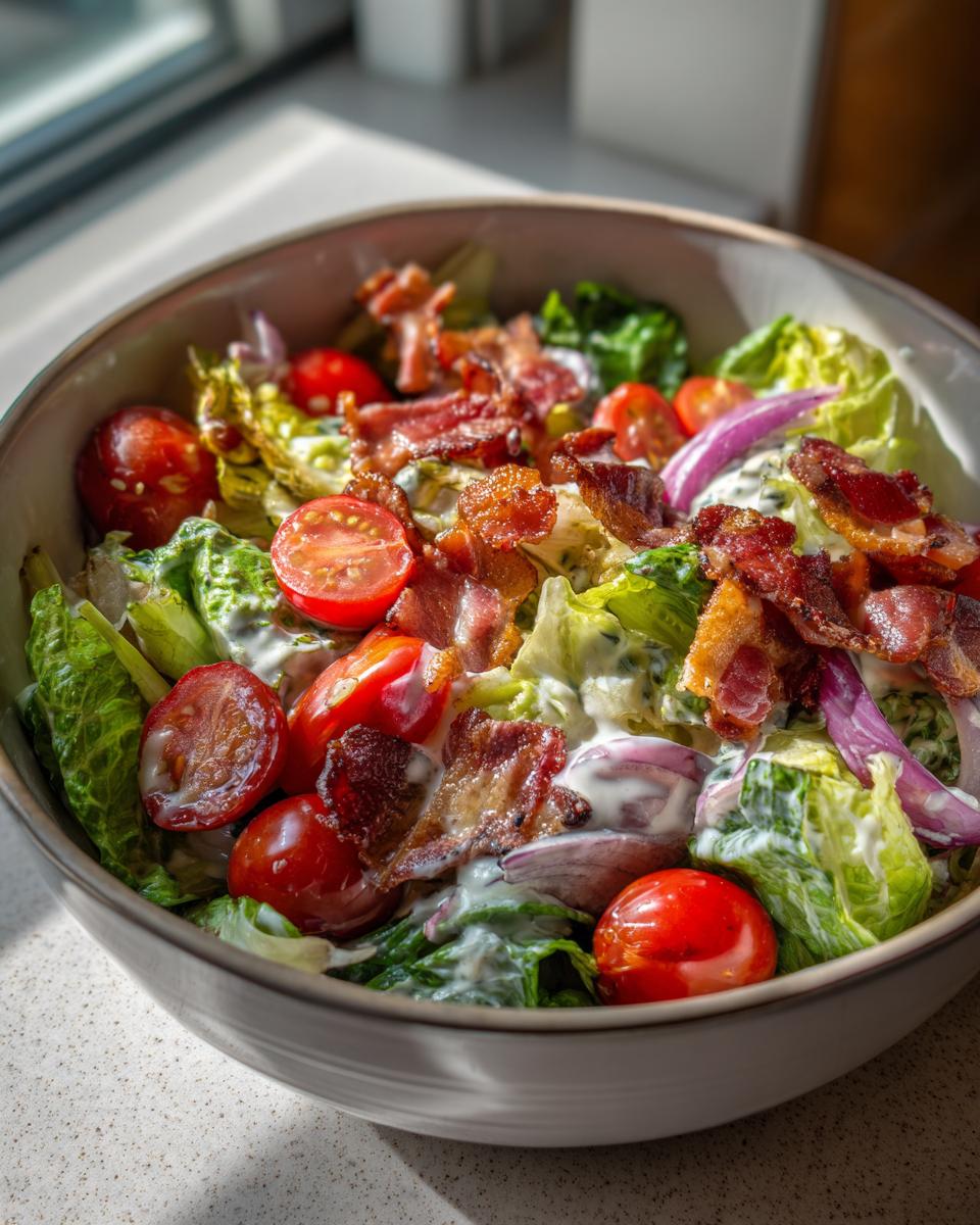 A close-up of a refreshing Ranch BLT Salad, featuring crisp lettuce, cherry tomatoes, crispy bacon, and red onion, all tossed in ranch dressing.