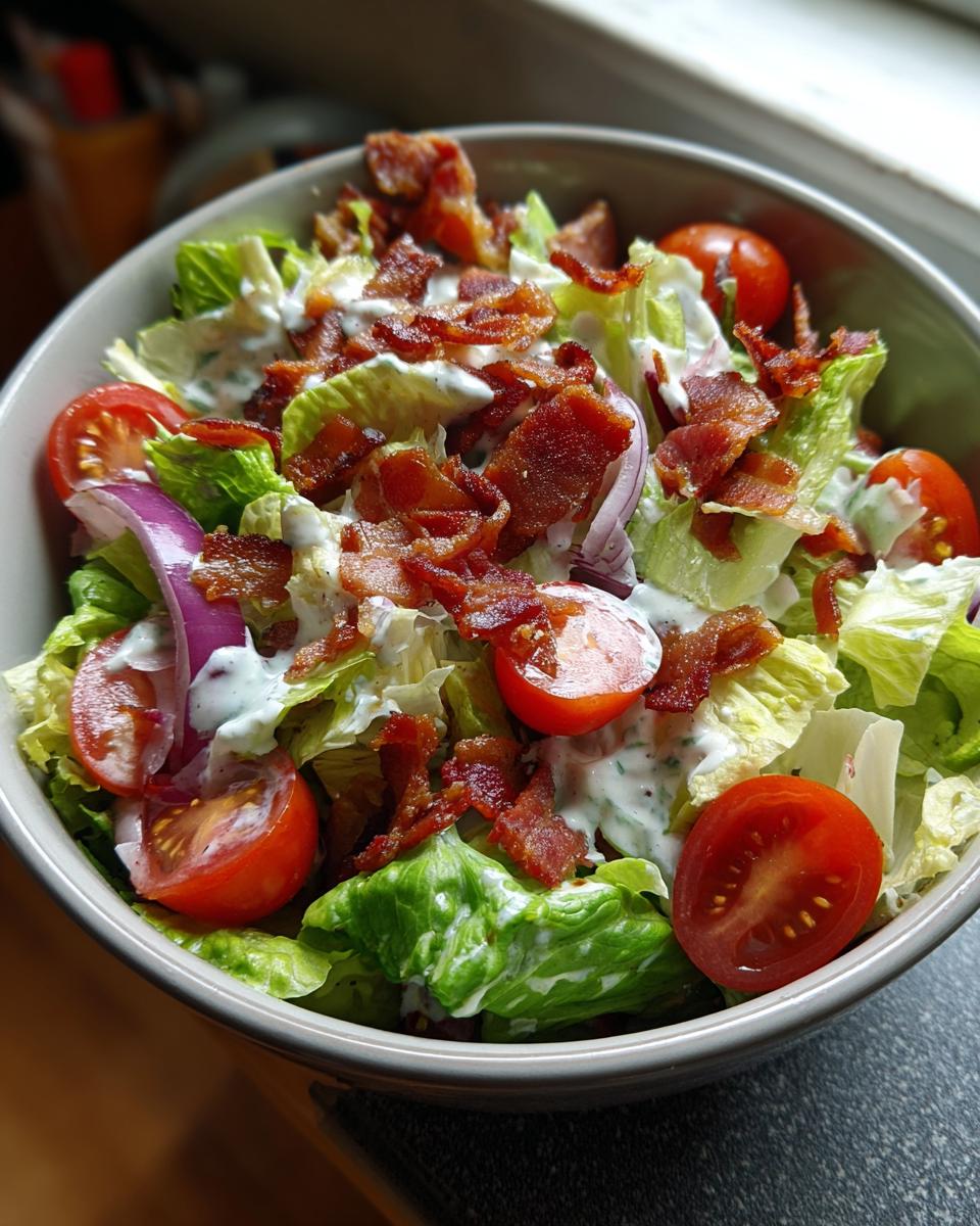A close-up of a bowl of Ranch BLT Salad, featuring crisp lettuce, cherry tomatoes, red onion, and crumbled bacon, drizzled with ranch dressing.