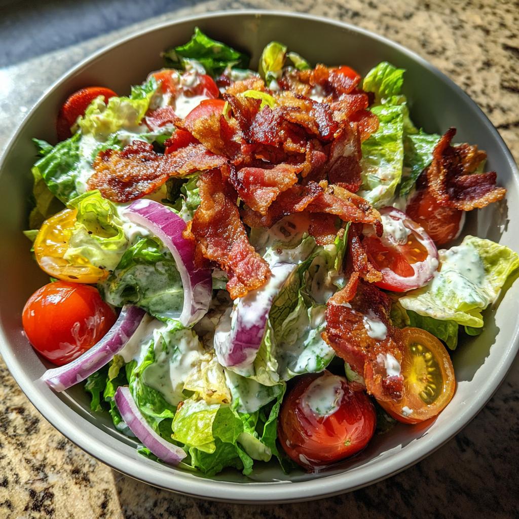 A bowl of crisp Ranch BLT Salad featuring fresh lettuce, cherry tomatoes, red onion, and crispy bacon, drizzled with ranch dressing.