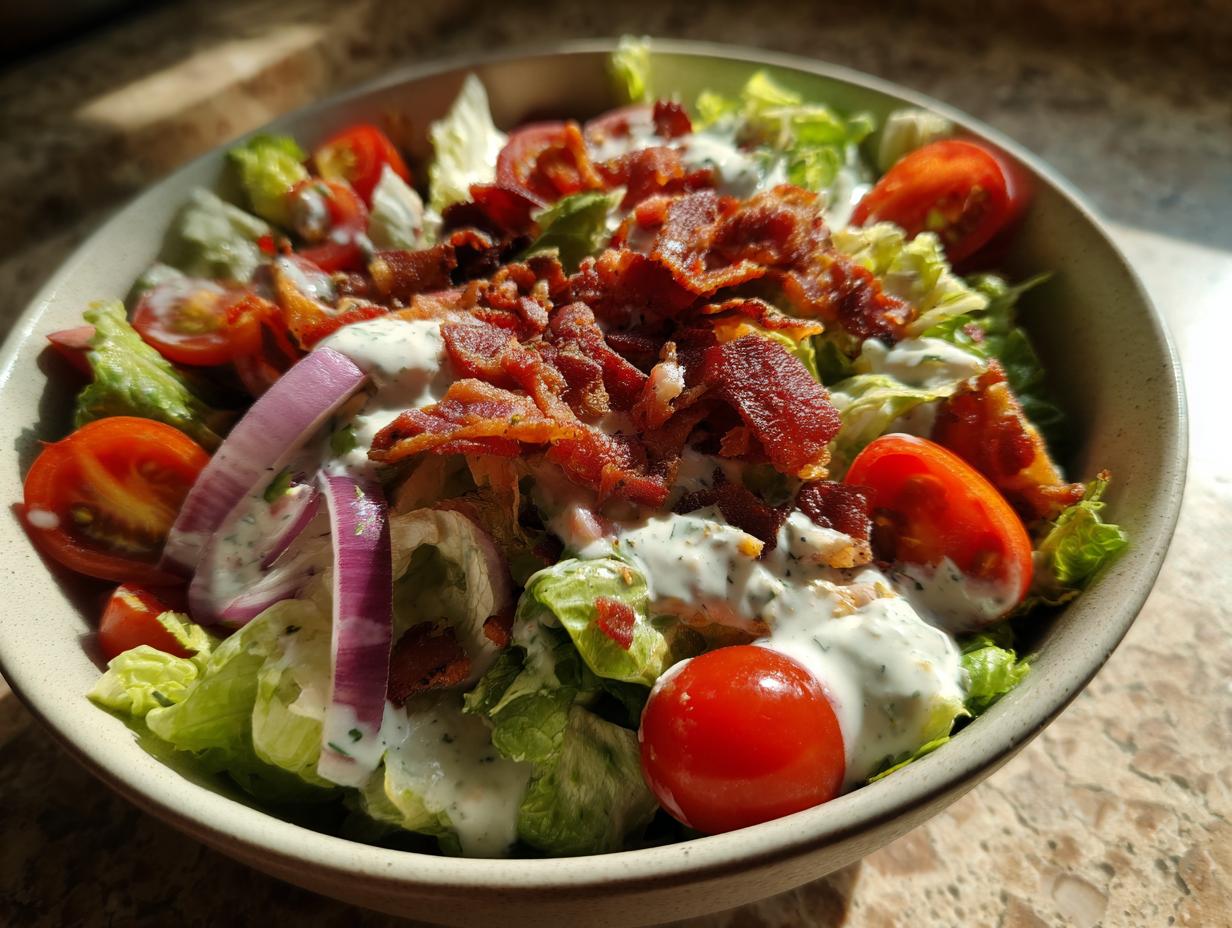 A close-up of a refreshing Ranch BLT Salad, featuring crisp lettuce, cherry tomatoes, red onion, and crumbled bacon, drizzled with creamy ranch dressing.