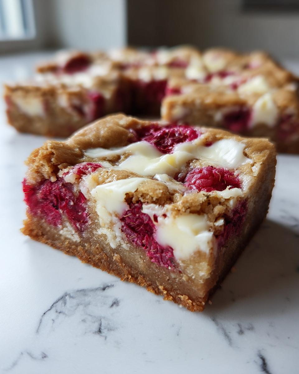 A close-up of a raspberry white chocolate blondie, showcasing the moist interior with raspberries and white chocolate chunks.