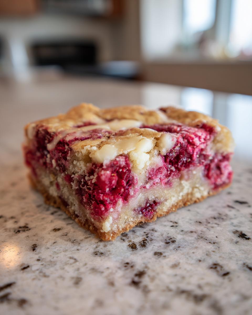 A single slice of Raspberry White Chocolate Blondies, showcasing vibrant raspberries and white chocolate chunks.