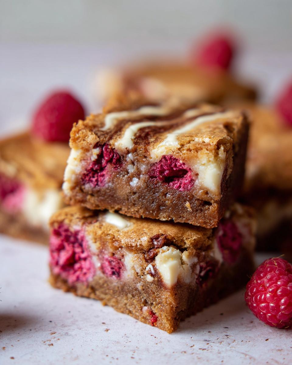 Two stacked raspberry white chocolate blondies with fresh raspberries and white chocolate chips.